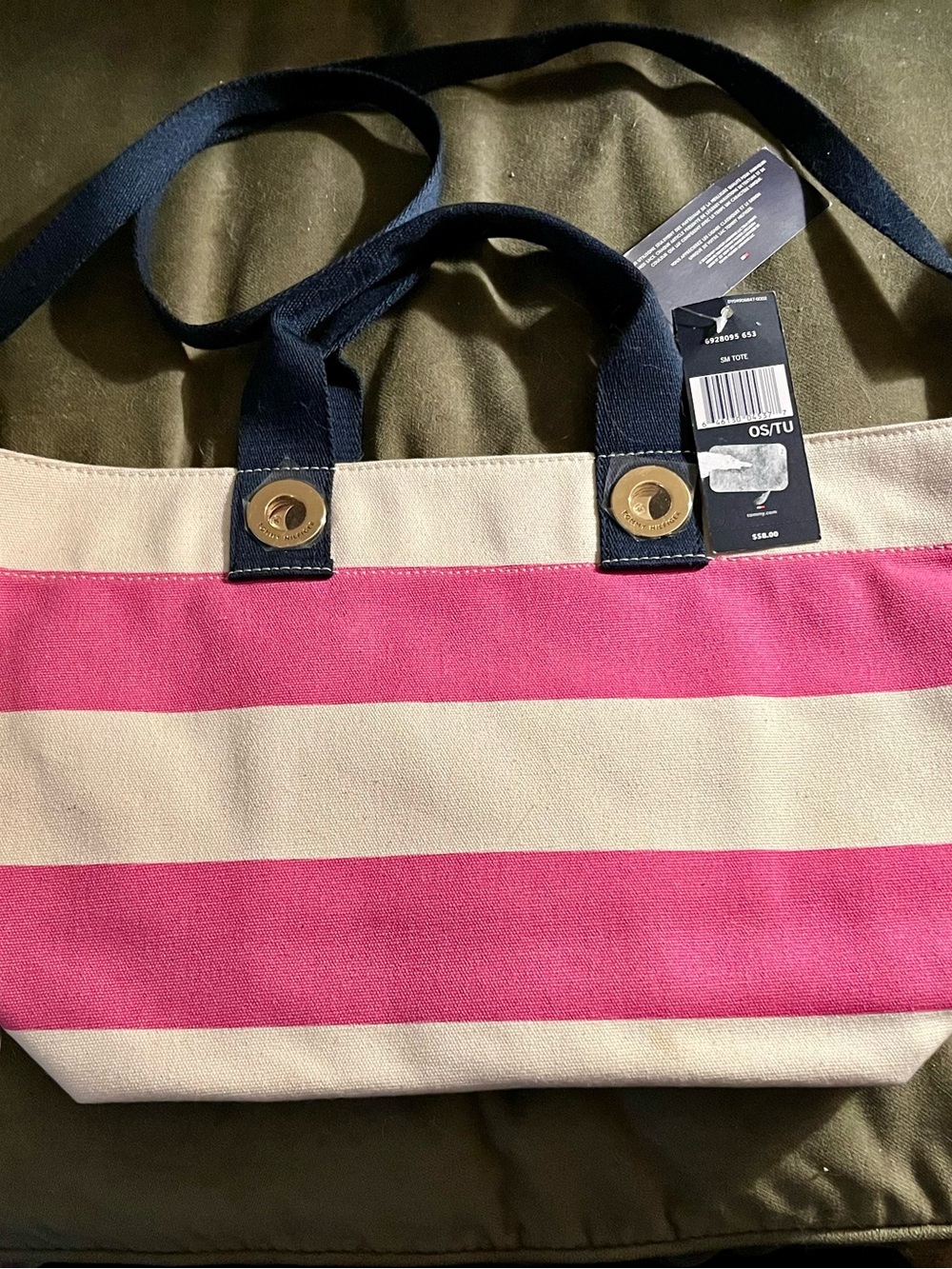 New Tommy Hilfiger Canvas Tote Bag - Pink & Ivory Stripes with Navy Handle